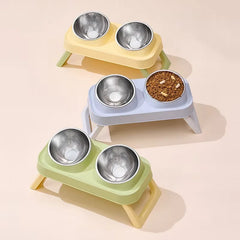 Stainless Steel Foldable Pet Bowl Double Dish - Elevated Feeder with Neck Support Anti-Tip Design for Cats Dogs