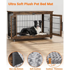 Dog Crate Furniture with Cushion, Large Wooden Dog Kennel Indoor with Double Doors,Dog Cage with Wheels,Dog House Side End Table