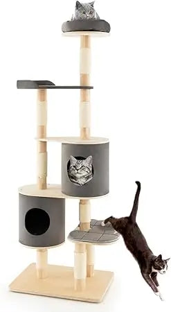 Very PETSITE 75" Tall Cat Tree, Large Rubber Wood Cat Tower With 2 Removable Condos, Scratching Post, Top Perch, 6-Tier Modern C