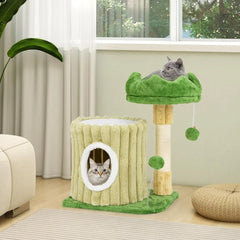 Green Cat Tower with Enclosed Condo, Plush Top Perch, Hanging Pom-Pom, Spring Toy, and Sisal Scratching Pad