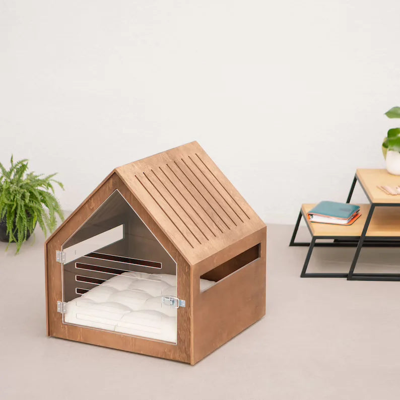 Dog And Cat House With Acrylic Door Stained Wood Dog Kennel Crate Furniture Indoor Dog Cat House