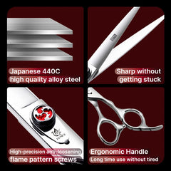 Fenice Dog Scissors JP440C 7/7.5 inch Flame Screw Pet Straight Fluffy Thinner Shark Teeth Curved Chunker Grooming Scissors