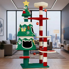 Indoor Christmas-Themed Cat Tree with 2 Condos, Thick Scratching Post, and Decorative LED Lights