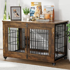 Dog Crate Furniture with Cushion, Large Wooden Dog Kennel Indoor with Double Doors,Dog Cage with Wheels,Dog House Side End Table