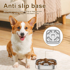 Slow Feeder Dog Bowl Stainless Steel Cat Eating Bowl with Nonslip Bottom Square/Round Anti Suffocation Pet Bowl Pet Supplies